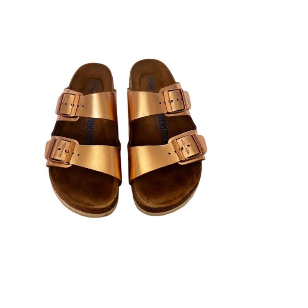 Birkenstock Arizona gold Leather Soft Footbed slide in sandals
